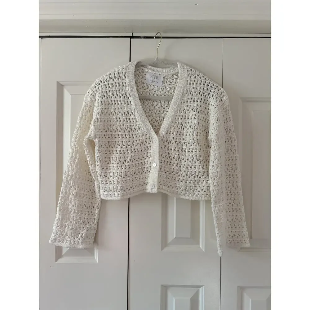 ZARA White Crochet Knit Button Down Shirt 13-14 Years - Picture 2 of 5